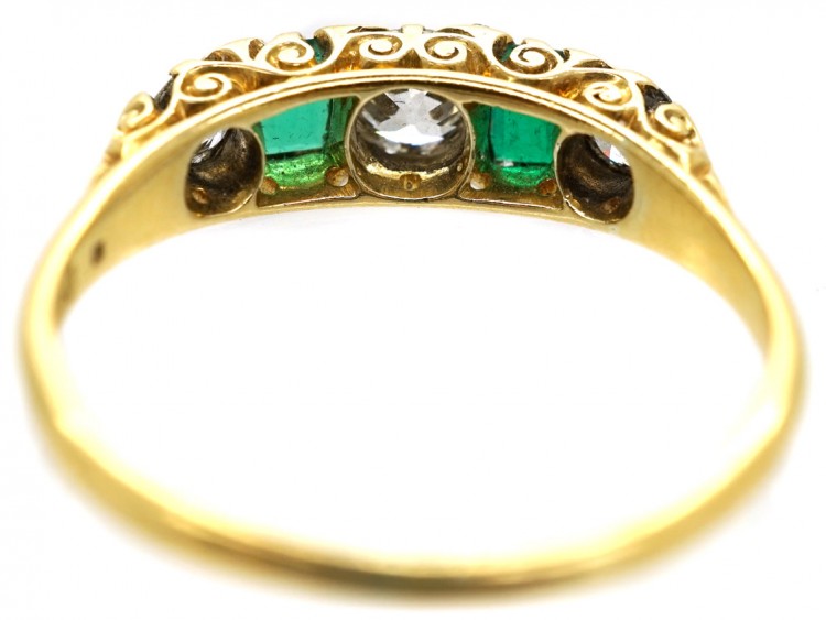 Victorian 18ct Gold, Emerald & Diamond Carved Half Hoop Five Stone Ring