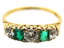 Victorian 18ct Gold, Emerald & Diamond Carved Half Hoop Five Stone Ring