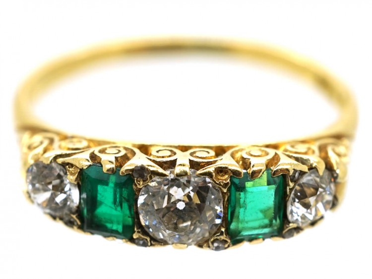 Victorian 18ct Gold, Emerald & Diamond Carved Half Hoop Five Stone Ring