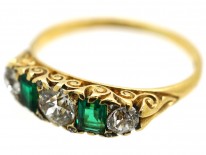 Victorian 18ct Gold, Emerald & Diamond Carved Half Hoop Five Stone Ring