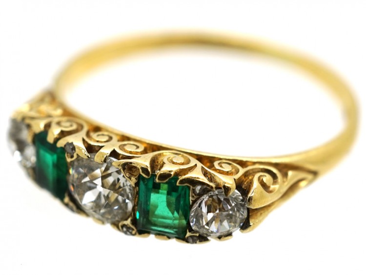 Victorian 18ct Gold, Emerald & Diamond Carved Half Hoop Five Stone Ring