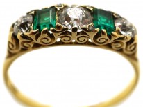 Victorian 18ct Gold, Emerald & Diamond Carved Half Hoop Five Stone Ring