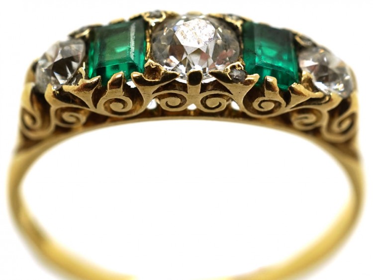 Victorian 18ct Gold, Emerald & Diamond Carved Half Hoop Five Stone Ring