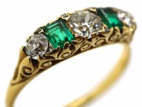 Victorian 18ct Gold, Emerald & Diamond Carved Half Hoop Five Stone Ring