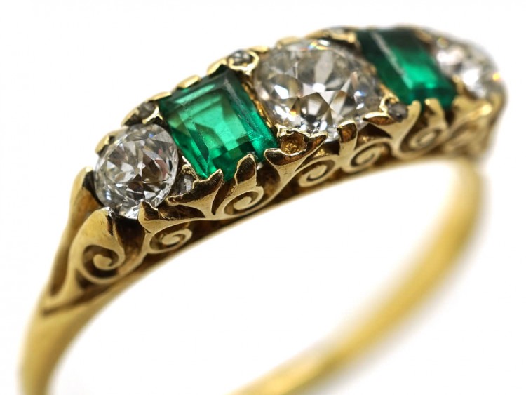Victorian 18ct Gold, Emerald & Diamond Carved Half Hoop Five Stone Ring