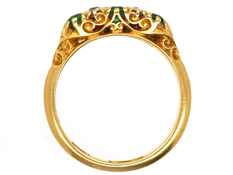Victorian 18ct Gold, Emerald & Diamond Two Row Carved Half Hoop Ring