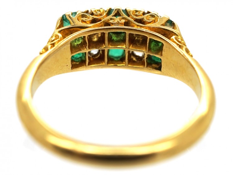 Victorian 18ct Gold, Emerald & Diamond Two Row Carved Half Hoop Ring