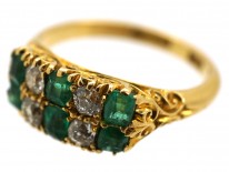 Victorian 18ct Gold, Emerald & Diamond Two Row Carved Half Hoop Ring
