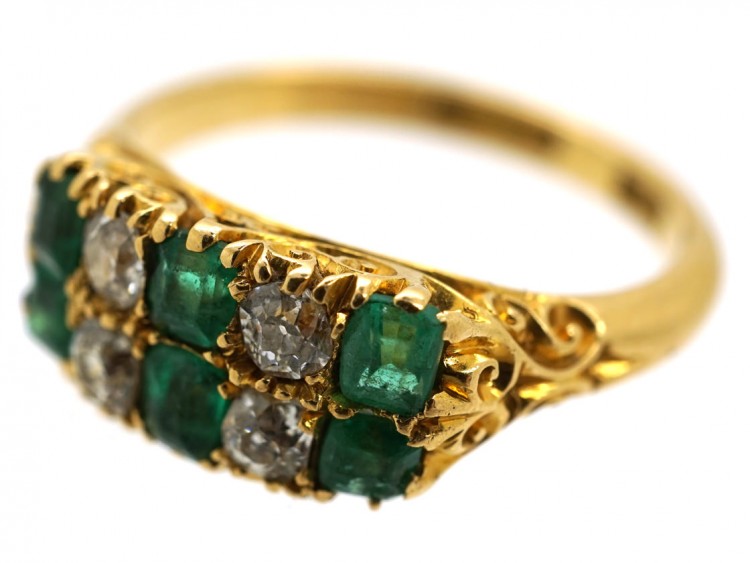 Victorian 18ct Gold, Emerald & Diamond Two Row Carved Half Hoop Ring