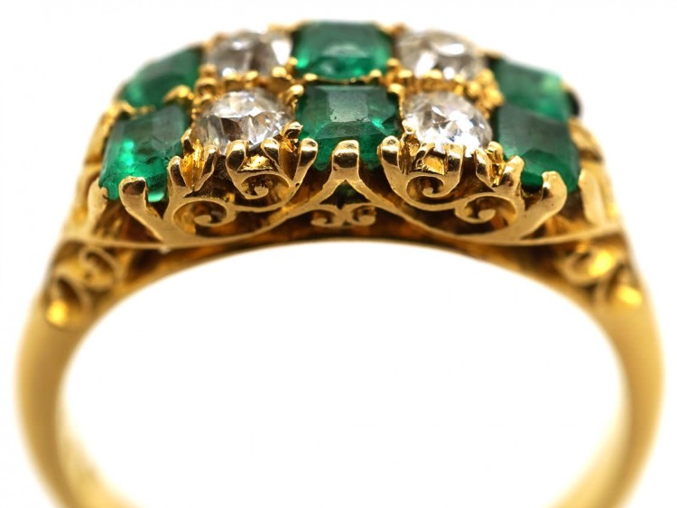 Victorian 18ct Gold, Emerald & Diamond Two Row Carved Half Hoop Ring