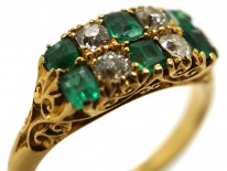 Victorian 18ct Gold, Emerald & Diamond Two Row Carved Half Hoop Ring