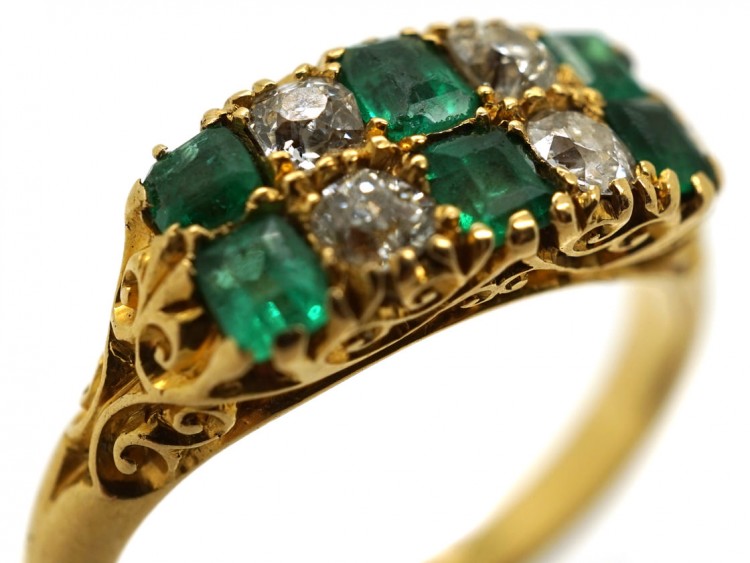Victorian 18ct Gold, Emerald & Diamond Two Row Carved Half Hoop Ring
