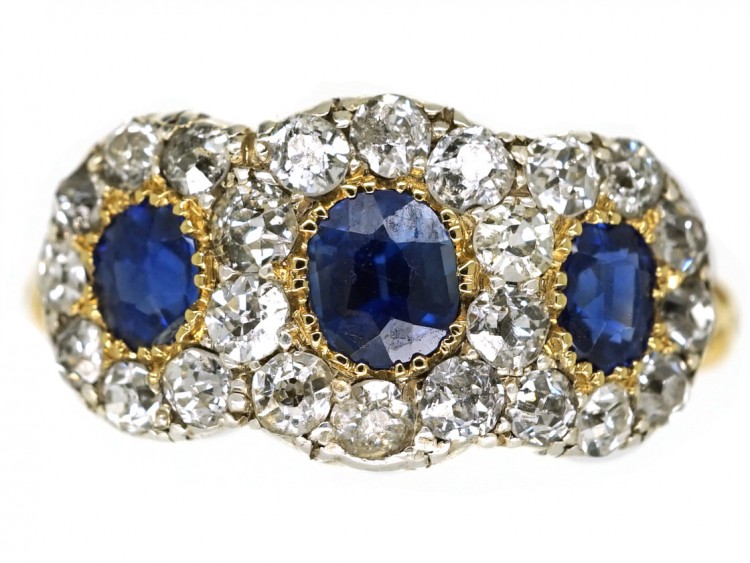 Edwardian 18ct Gold, Sapphire & Diamond Triple Cluster Ring