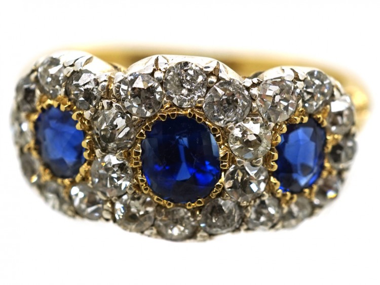 Edwardian 18ct Gold, Sapphire & Diamond Triple Cluster Ring