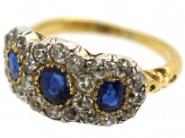 Edwardian 18ct Gold, Sapphire & Diamond Triple Cluster Ring