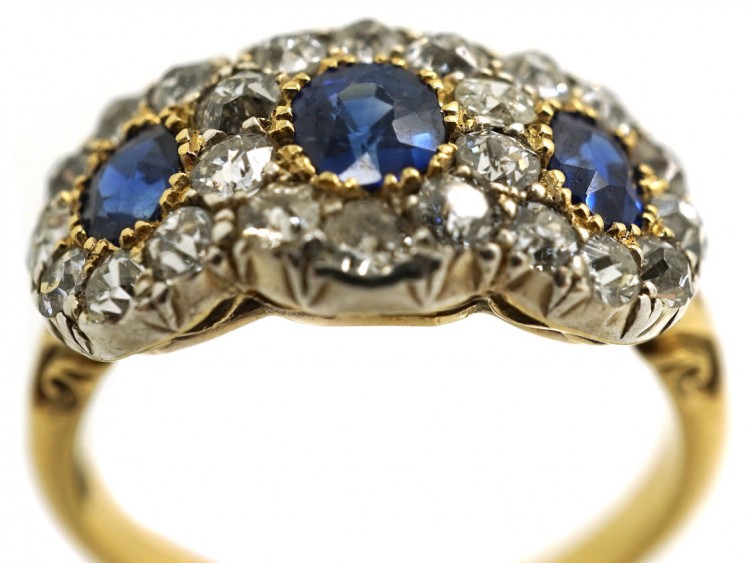 Edwardian 18ct Gold, Sapphire & Diamond Triple Cluster Ring