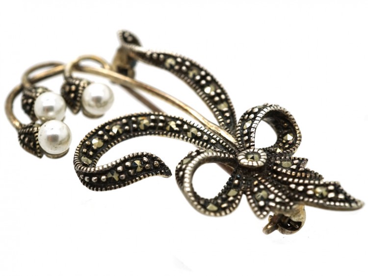 Silver, Marcasite & Pearl Flower Brooch