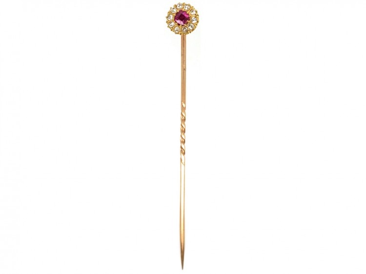 Edwardian 18ct Gold Ruby & Diamond Cluster Stick Pin