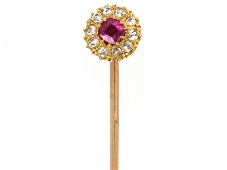 Edwardian 18ct Gold Ruby & Diamond Cluster Stick Pin