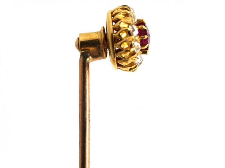 Edwardian 18ct Gold Ruby & Diamond Cluster Stick Pin