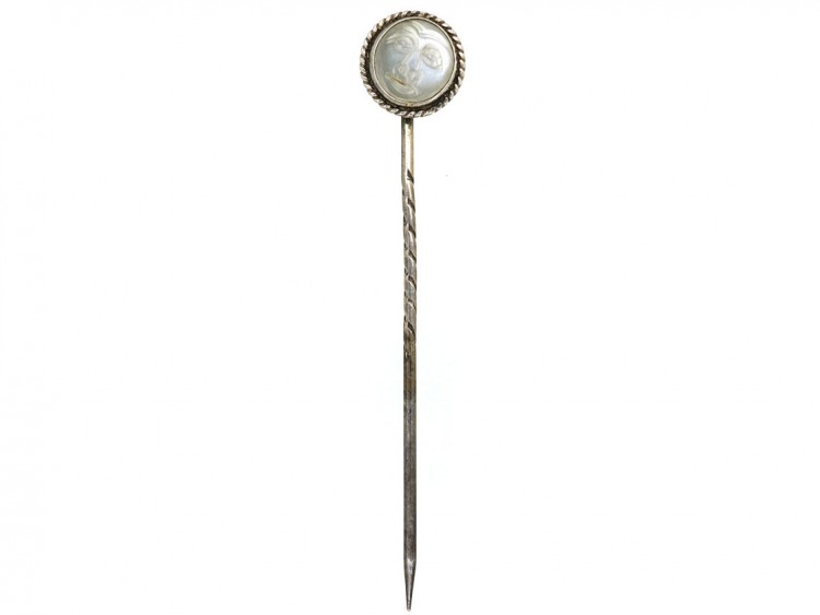 Edwardian Silver & Moonstone Man in the Moon Stick Pin