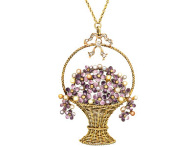 Edwardian 15ct Gold, Rose Diamonds, Natural Pearls & Enamel Basket of Flowers Necklace