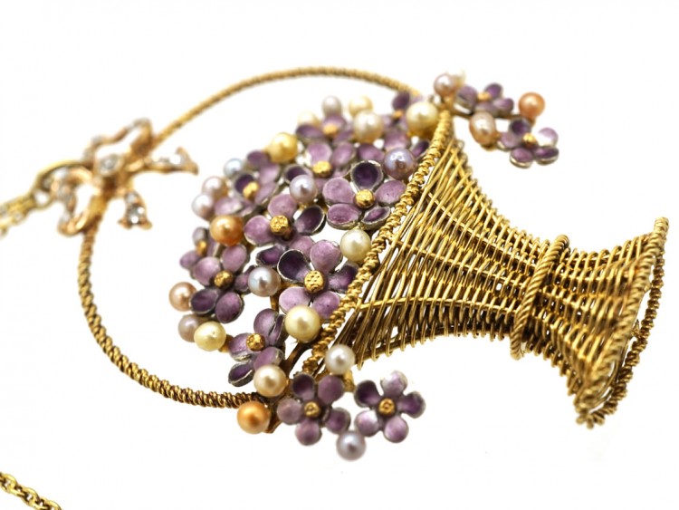 Edwardian 15ct Gold, Rose Diamonds, Natural Pearls & Enamel Basket of Flowers Necklace