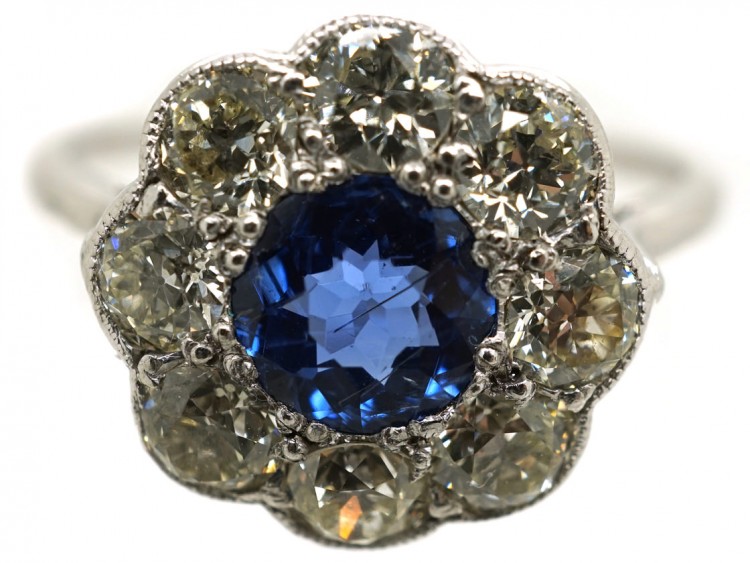 Edwardian 18ct White Gold & Platinum, Sapphire & Diamond Cluster Ring