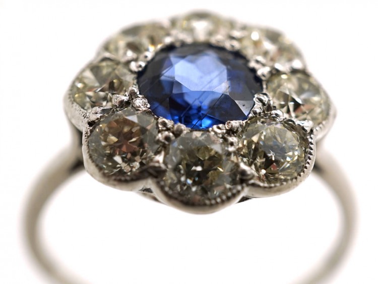 Edwardian 18ct White Gold & Platinum, Sapphire & Diamond Cluster Ring
