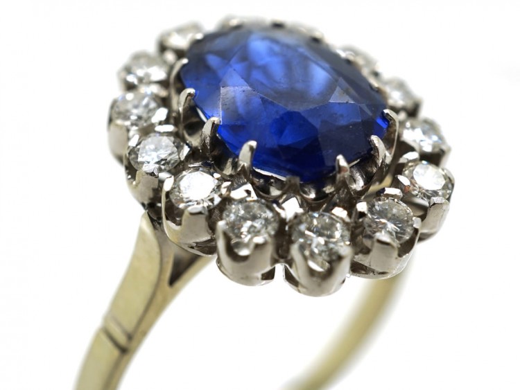 18ct White Gold, Burma Sapphire & Diamond Oval Cluster Ring