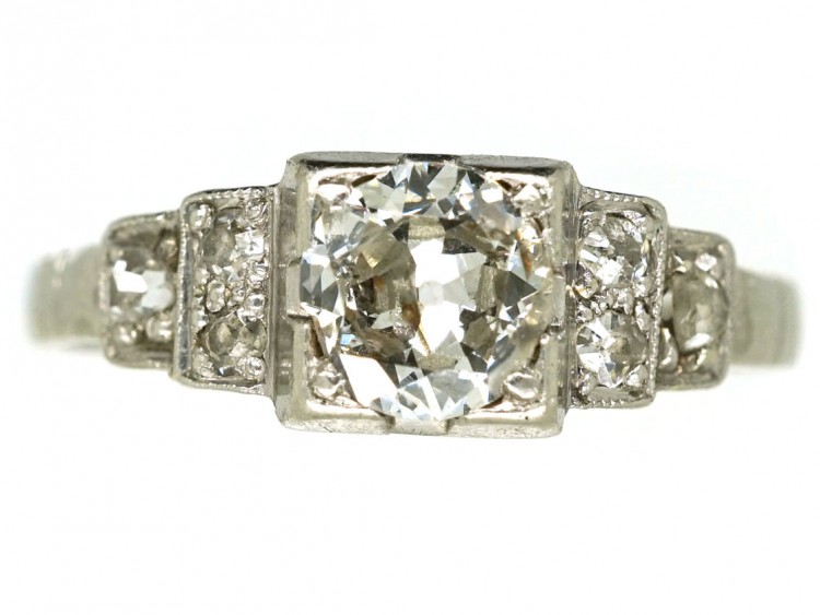 Art Deco Diamond Solitaire Ring With Diamond Set Shoulders