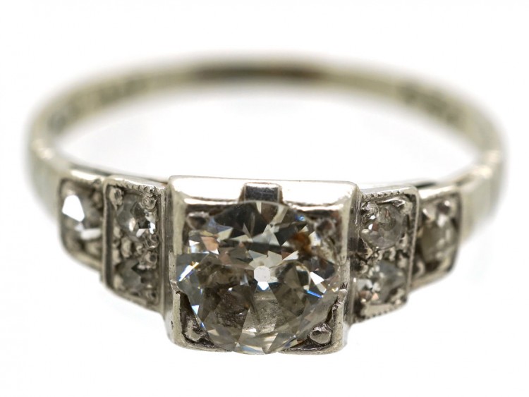 Art Deco Diamond Solitaire Ring With Diamond Set Shoulders