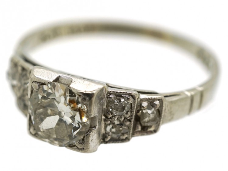 Art Deco Diamond Solitaire Ring With Diamond Set Shoulders