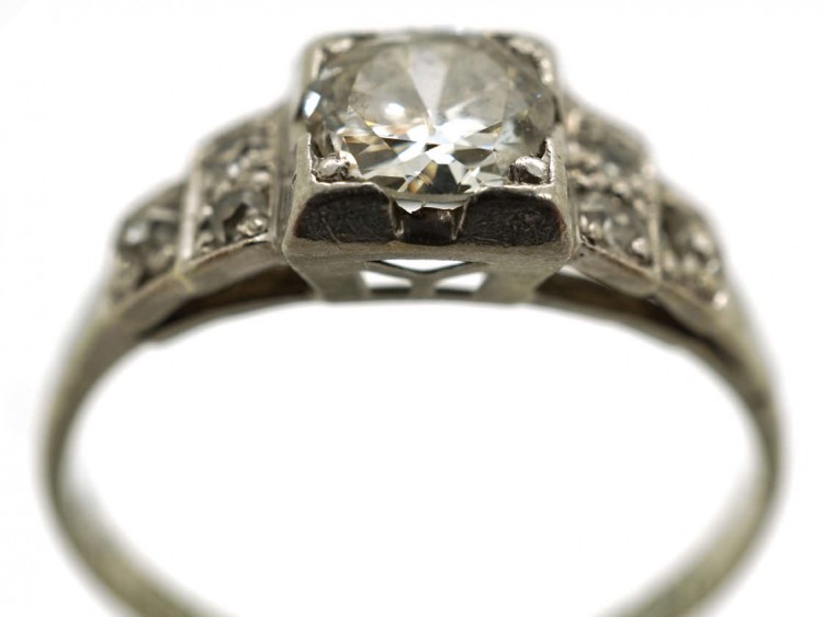 Art Deco Diamond Solitaire Ring With Diamond Set Shoulders