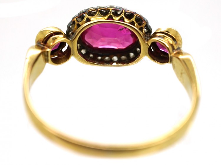 Edwardian 18ct Gold, Ruby & Rose Diamond Cluster Ring With Ruby Shoulders