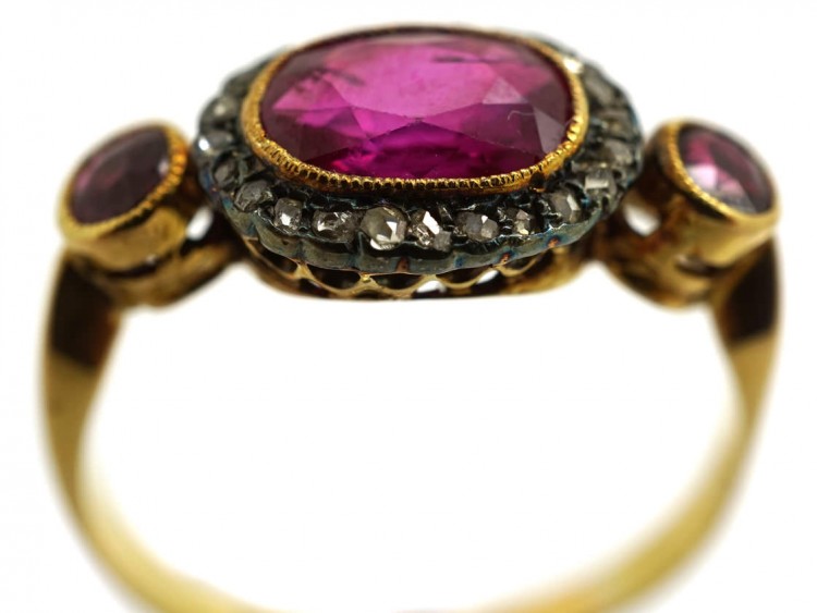 Edwardian 18ct Gold, Ruby & Rose Diamond Cluster Ring With Ruby Shoulders