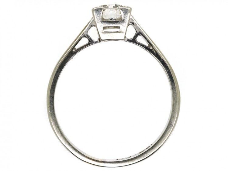 Art Deco 18ct White Gold & Platinum, Diamond Solitaire Ring in a Square Mount