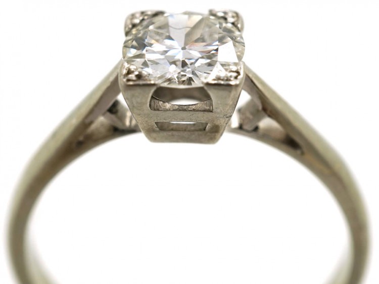 Art Deco 18ct White Gold & Platinum, Diamond Solitaire Ring in a Square Mount