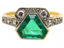 Art Deco 18ct Gold & Platinum, Emerald & Diamond Ring