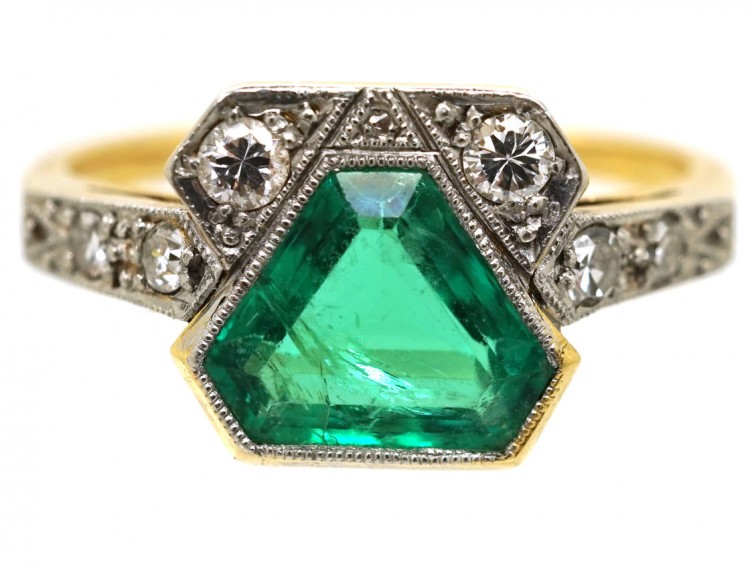 Art Deco 18ct Gold & Platinum, Emerald & Diamond Ring