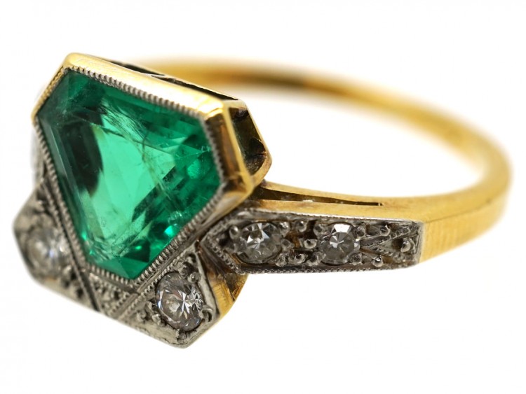 Art Deco 18ct Gold & Platinum, Emerald & Diamond Ring