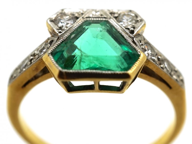 Art Deco 18ct Gold & Platinum, Emerald & Diamond Ring