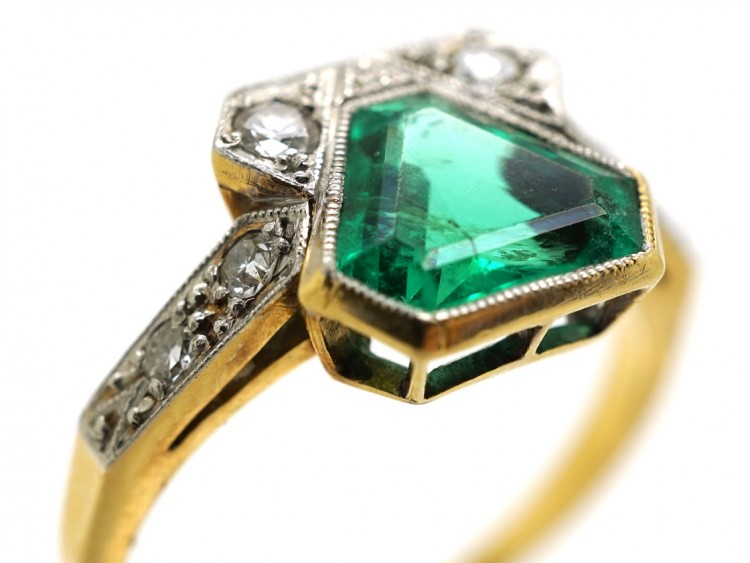 Art Deco 18ct Gold & Platinum, Emerald & Diamond Ring