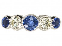 Art Deco 18ct White Gold, Ceylon Sapphire & Diamond Five Stone Ring