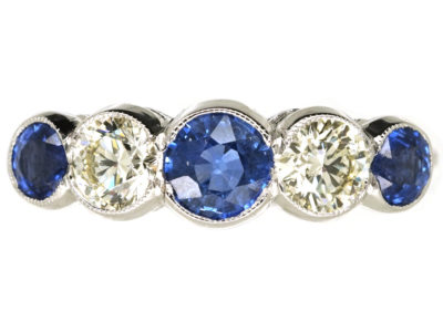 Art Deco 18ct White Gold, Ceylon Sapphire & Diamond Five Stone Ring