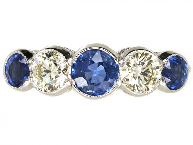Art Deco 18ct White Gold, Ceylon Sapphire & Diamond Five Stone Ring