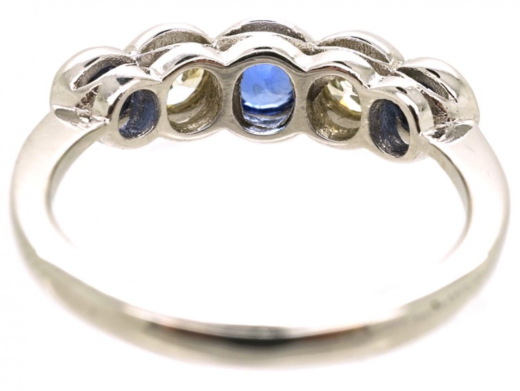 Art Deco 18ct White Gold, Ceylon Sapphire & Diamond Five Stone Ring