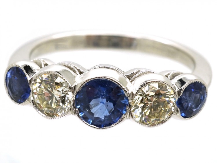 Art Deco 18ct White Gold, Ceylon Sapphire & Diamond Five Stone Ring
