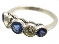 Art Deco 18ct White Gold, Ceylon Sapphire & Diamond Five Stone Ring