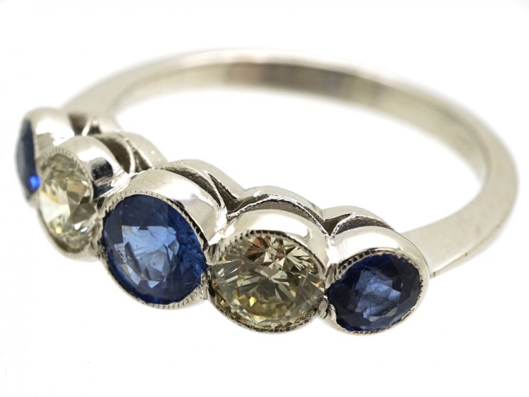 Art Deco 18ct White Gold, Ceylon Sapphire & Diamond Five Stone Ring